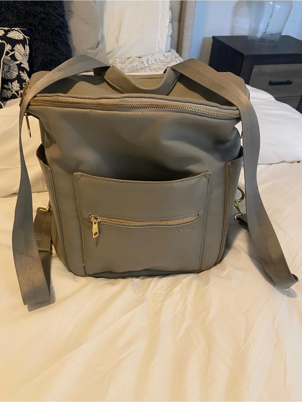 Fawn Design Light Gray Convertible Baby Bag with Gold Hardware
